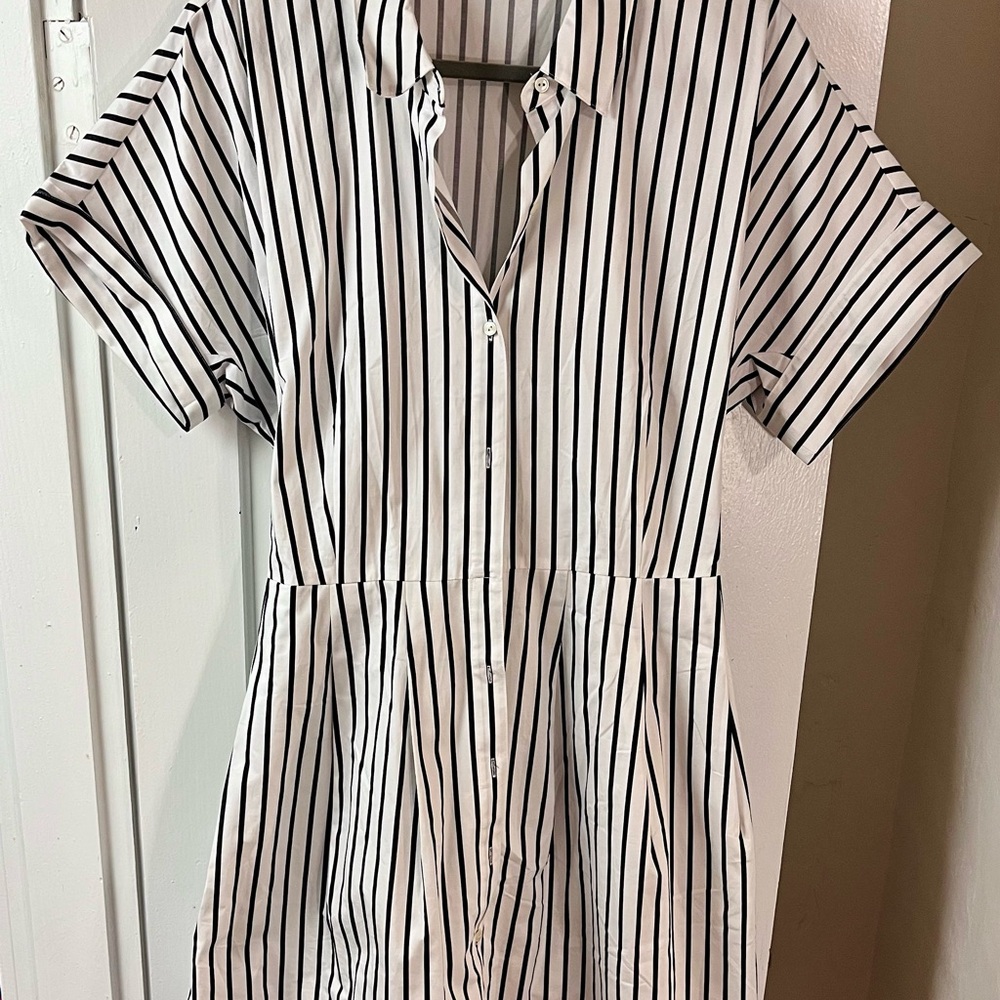 Talbots White and Black Striped Button-Front Shirt Dress